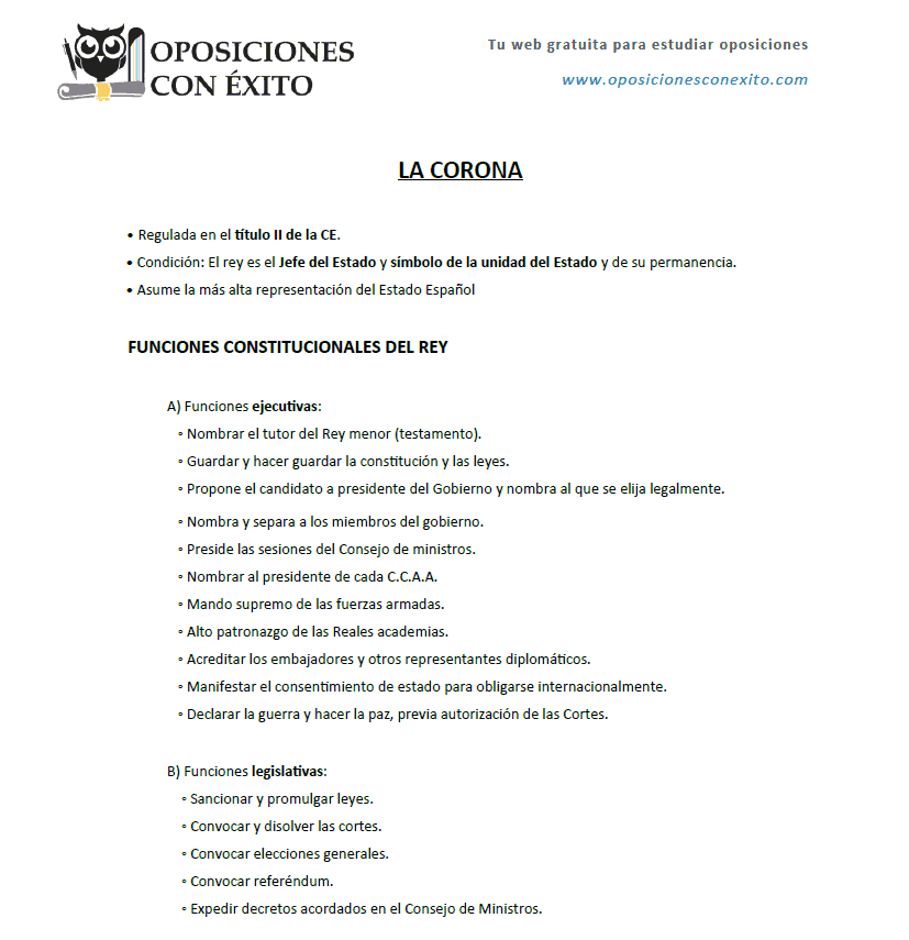 Resumen Constitucion Espanola La Corona Oposiciones Con Exito